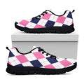 White Blue And Pink Argyle Pattern Print Black Running Shoes