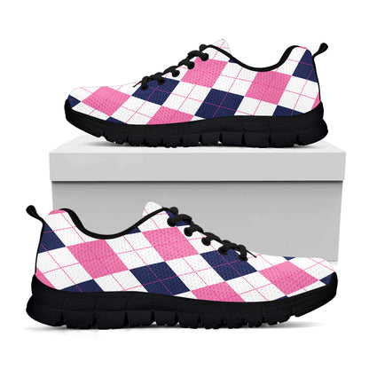 White Blue And Pink Argyle Pattern Print Black Sneakers