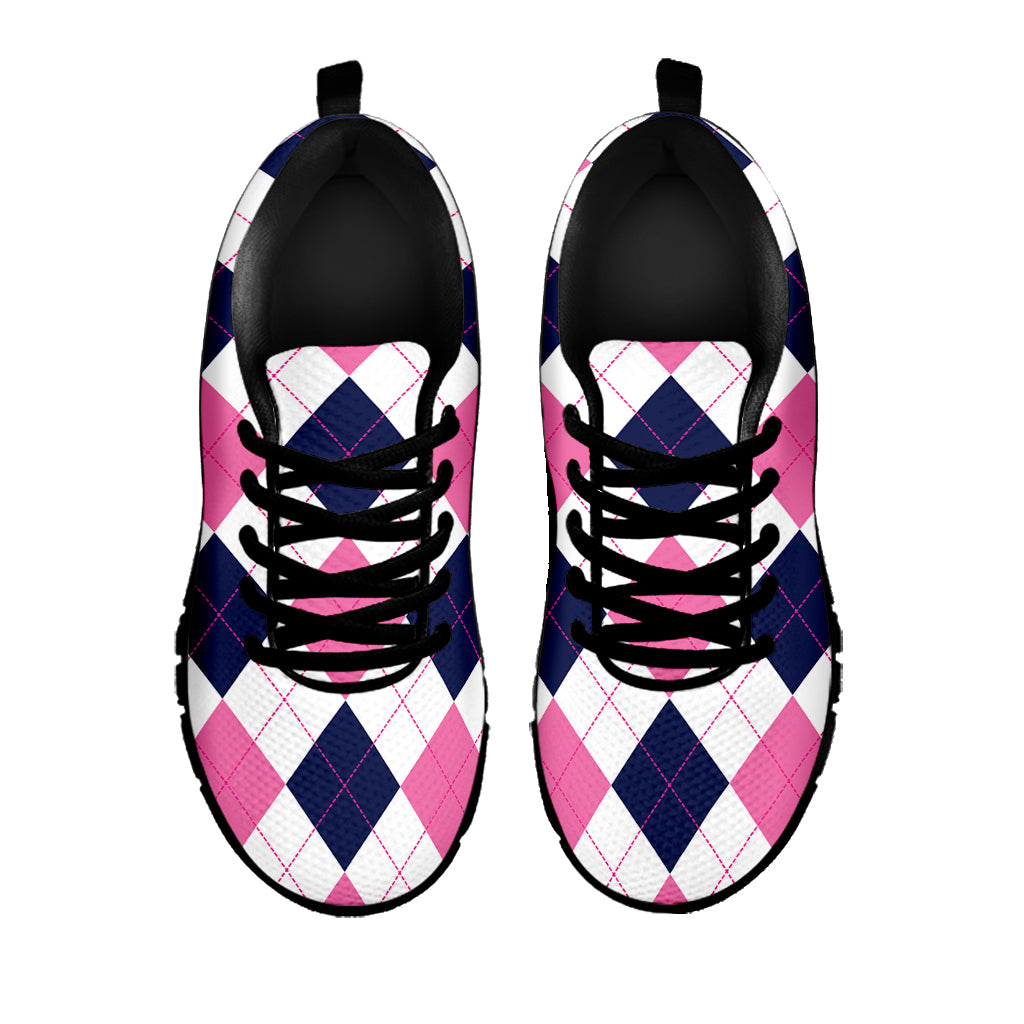 White Blue And Pink Argyle Pattern Print Black Sneakers