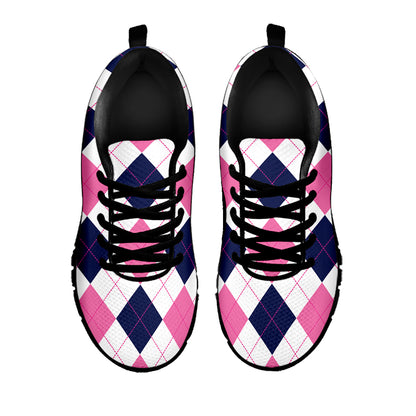 White Blue And Pink Argyle Pattern Print Black Sneakers
