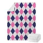 White Blue And Pink Argyle Pattern Print Blanket