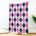 White Blue And Pink Argyle Pattern Print Blanket