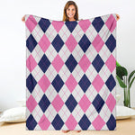 White Blue And Pink Argyle Pattern Print Blanket