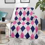 White Blue And Pink Argyle Pattern Print Blanket