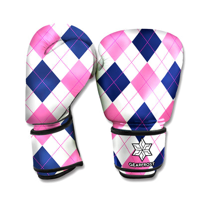 White Blue And Pink Argyle Pattern Print Boxing Gloves