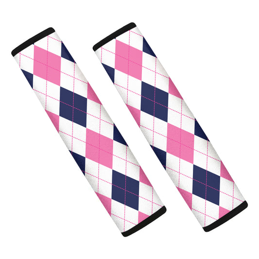 White Blue And Pink Argyle Pattern Print Car Seat Belt Covers