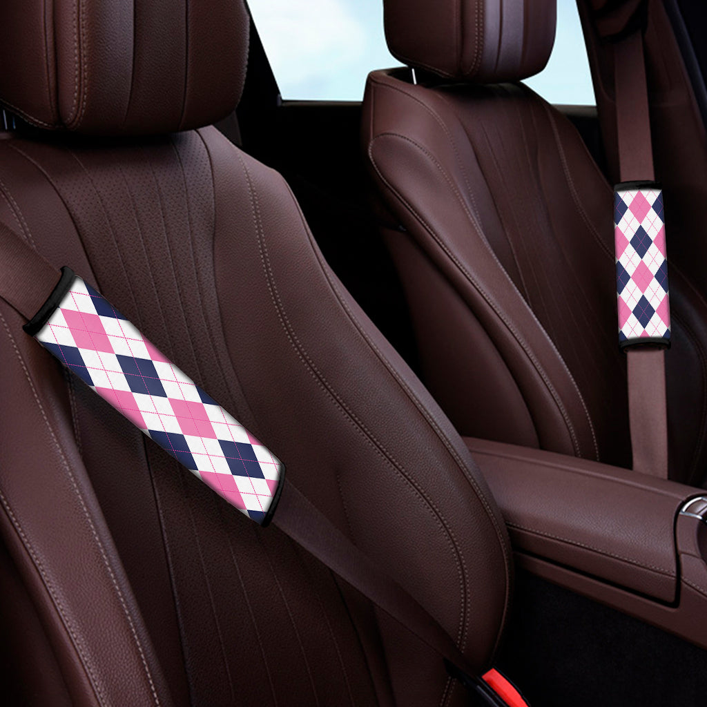 White Blue And Pink Argyle Pattern Print Car Seat Belt Covers