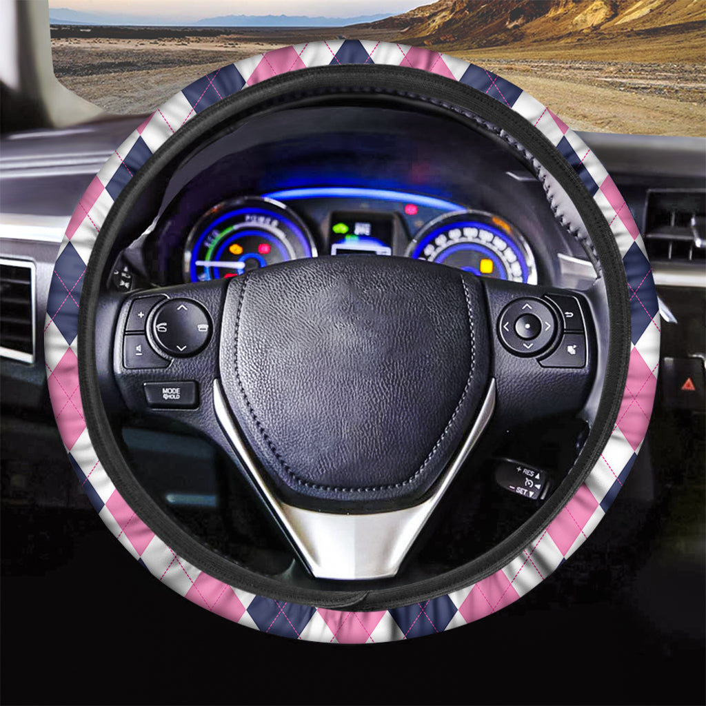 White Blue And Pink Argyle Pattern Print Car Steering Wheel Cover