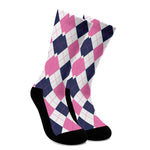 White Blue And Pink Argyle Pattern Print Crew Socks