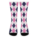 White Blue And Pink Argyle Pattern Print Crew Socks