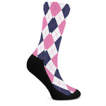 White Blue And Pink Argyle Pattern Print Crew Socks