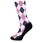 White Blue And Pink Argyle Pattern Print Crew Socks