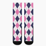 White Blue And Pink Argyle Pattern Print Crew Socks