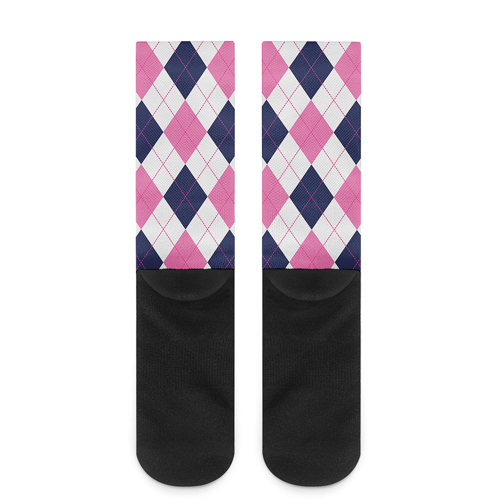 White Blue And Pink Argyle Pattern Print Crew Socks