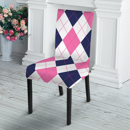 White Blue And Pink Argyle Pattern Print Dining Chair Slipcover