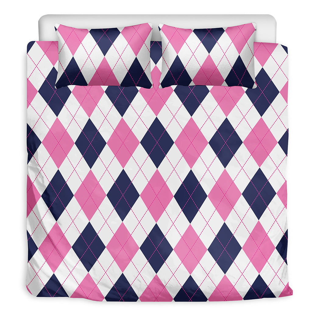 White Blue And Pink Argyle Pattern Print Duvet Cover Bedding Set