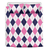 White Blue And Pink Argyle Pattern Print Duvet Cover Bedding Set