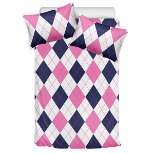 White Blue And Pink Argyle Pattern Print Duvet Cover Bedding Set