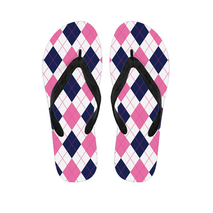 White Blue And Pink Argyle Pattern Print Flip Flops