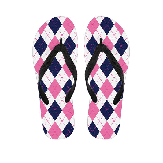 White Blue And Pink Argyle Pattern Print Flip Flops