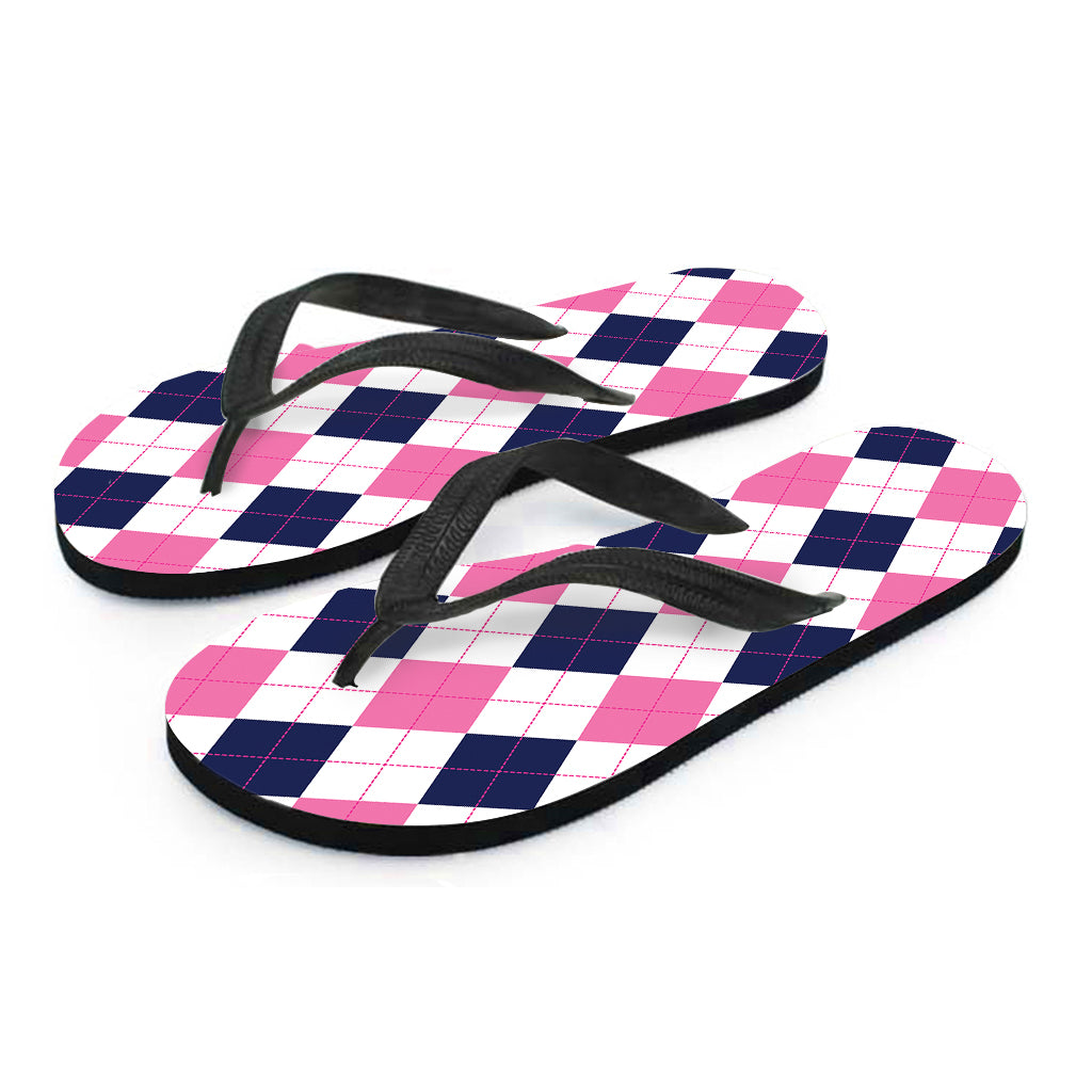 White Blue And Pink Argyle Pattern Print Flip Flops