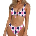 White Blue And Pink Argyle Pattern Print Front Bow Tie Bikini