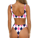White Blue And Pink Argyle Pattern Print Front Bow Tie Bikini