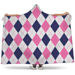 White Blue And Pink Argyle Pattern Print Hooded Blanket