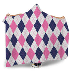 White Blue And Pink Argyle Pattern Print Hooded Blanket