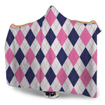 White Blue And Pink Argyle Pattern Print Hooded Blanket