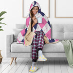 White Blue And Pink Argyle Pattern Print Hooded Blanket