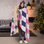 White Blue And Pink Argyle Pattern Print Hooded Blanket