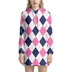 White Blue And Pink Argyle Pattern Print Hoodie Dress