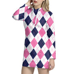 White Blue And Pink Argyle Pattern Print Hoodie Dress