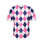 White Blue And Pink Argyle Pattern Print Men's Baseball Jersey