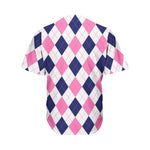 White Blue And Pink Argyle Pattern Print Men's Baseball Jersey
