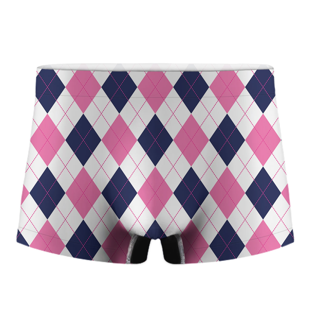 White Blue And Pink Argyle Pattern Print Men's Boxer Briefs