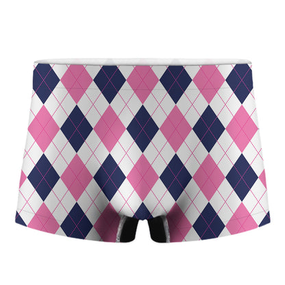 White Blue And Pink Argyle Pattern Print Men's Boxer Briefs