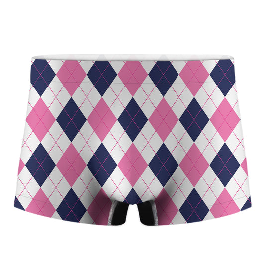 White Blue And Pink Argyle Pattern Print Men's Boxer Briefs