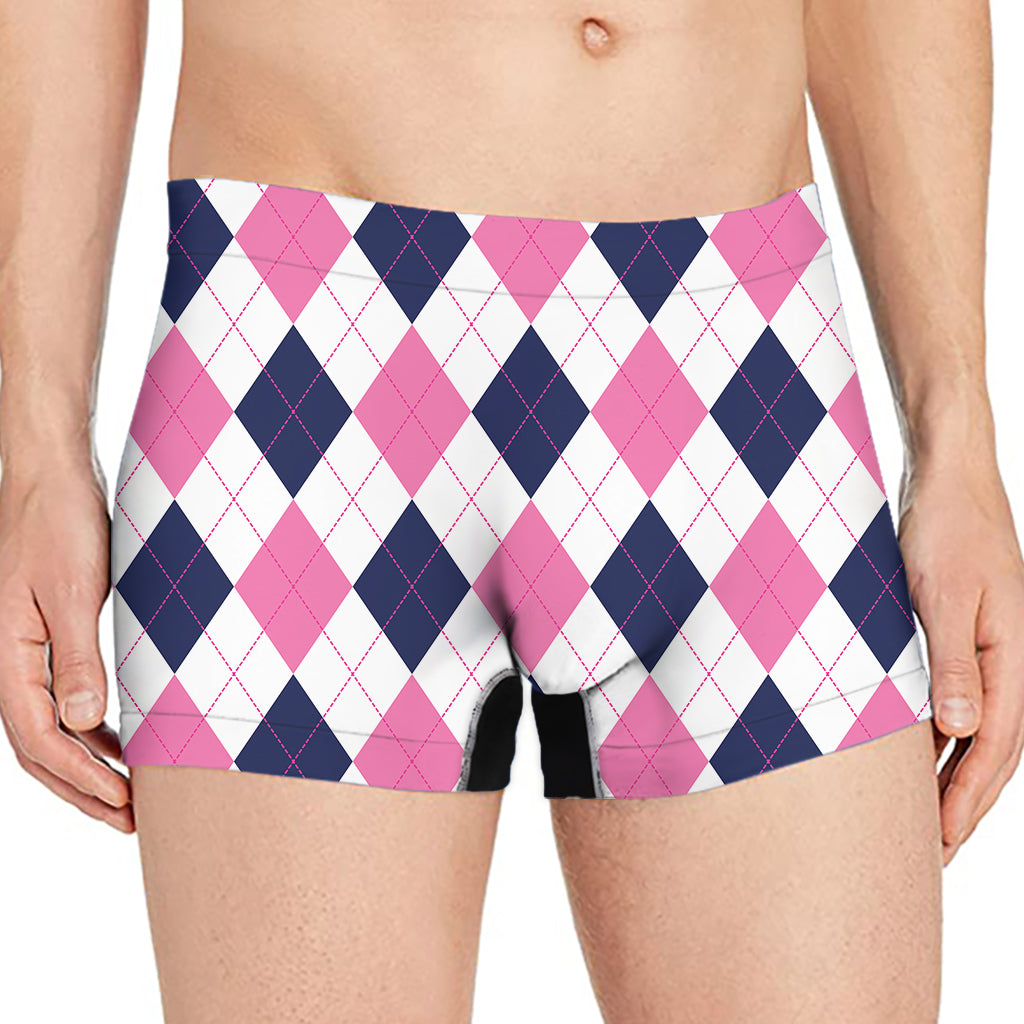 White Blue And Pink Argyle Pattern Print Men's Boxer Briefs