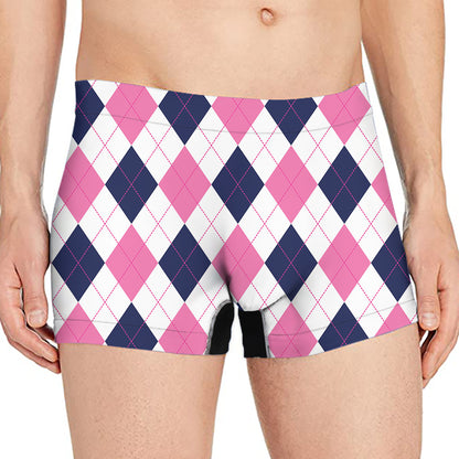 White Blue And Pink Argyle Pattern Print Men's Boxer Briefs