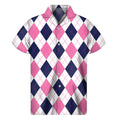 White Blue And Pink Argyle Pattern Print Men's Short Sleeve Shirt