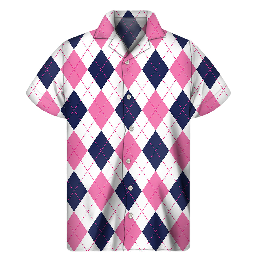 White Blue And Pink Argyle Pattern Print Men's Short Sleeve Shirt