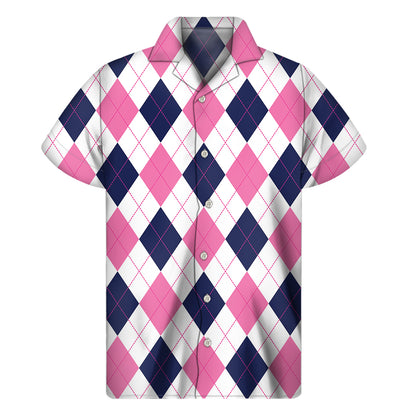 White Blue And Pink Argyle Pattern Print Men's Short Sleeve Shirt