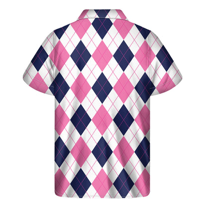 White Blue And Pink Argyle Pattern Print Men's Short Sleeve Shirt