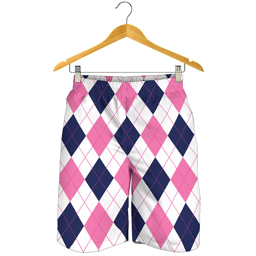 White Blue And Pink Argyle Pattern Print Men's Shorts
