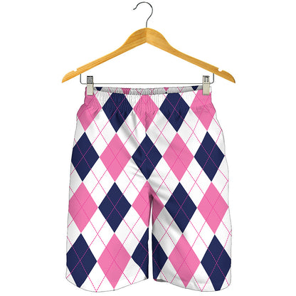 White Blue And Pink Argyle Pattern Print Men's Shorts
