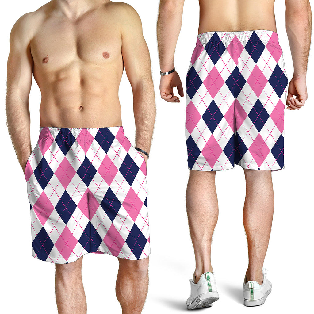 White Blue And Pink Argyle Pattern Print Men's Shorts