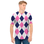 White Blue And Pink Argyle Pattern Print Men's T-Shirt