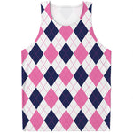White Blue And Pink Argyle Pattern Print Men's Tank Top